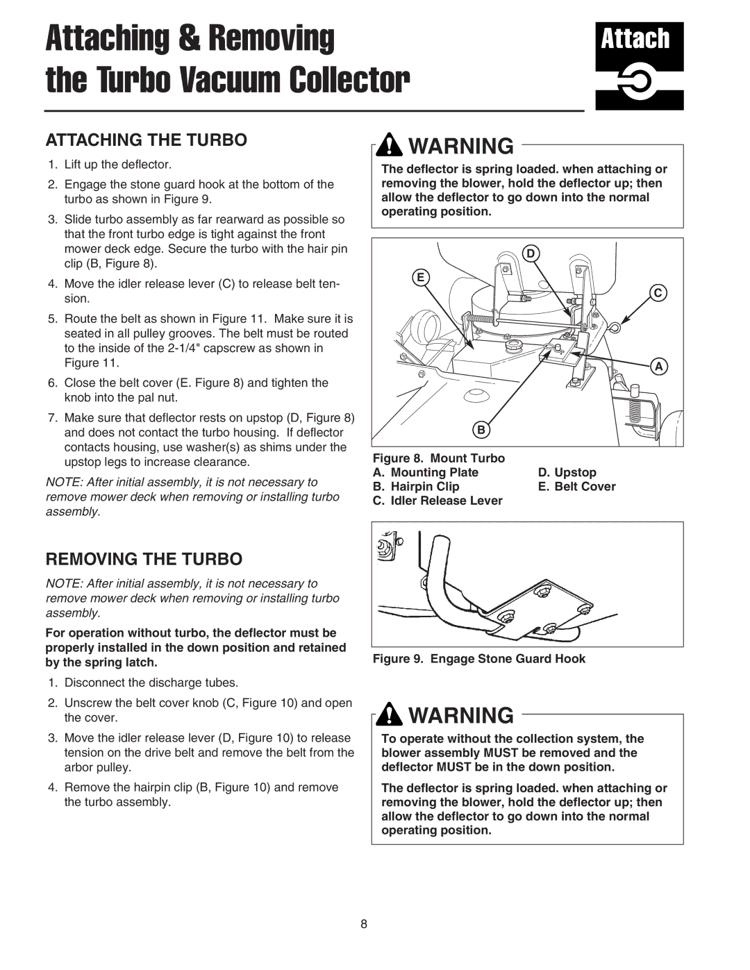 Simplicity Turbo Vacuum Collection System manual Attaching & Removing Turbo Vacuum Collector, Attaching the Turbo 