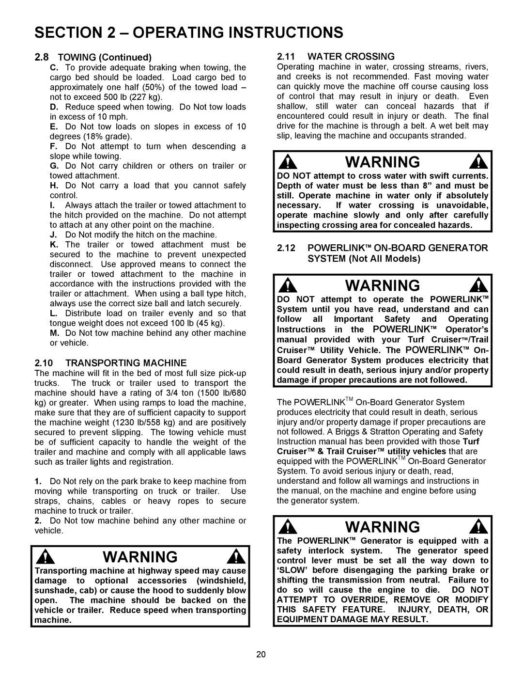 Simplicity UV1621BV, UVGT1621BV, UVG1621BV important safety instructions Transporting Machine, Water Crossing 