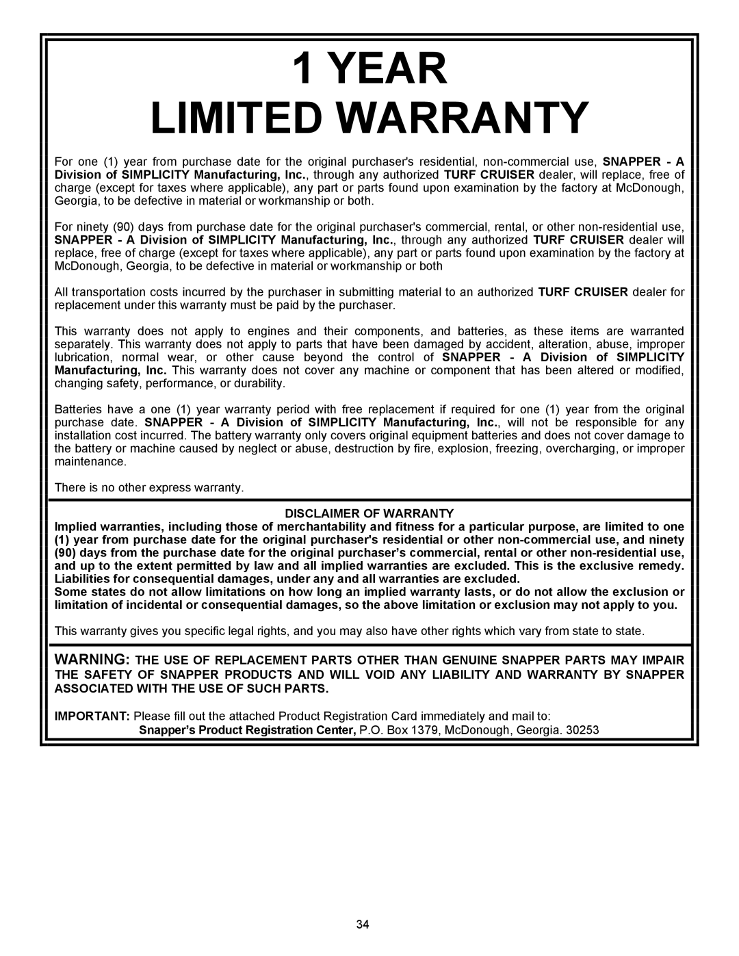 Simplicity UVG1621BV, UVGT1621BV, UV1621BV important safety instructions Year Limited Warranty 