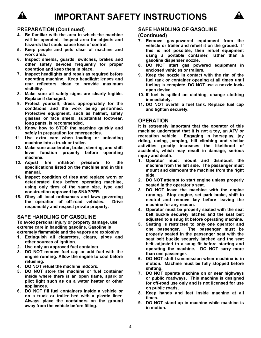 Simplicity UVG1621BV, UVGT1621BV, UV1621BV important safety instructions Safe Handling of Gasoline, Operation 