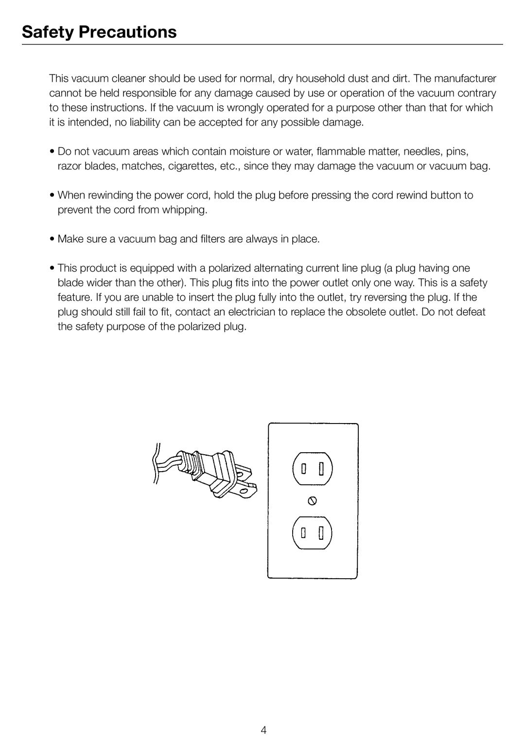 Simplicity Vacuum Bag and Filters owner manual Safety Precautions 