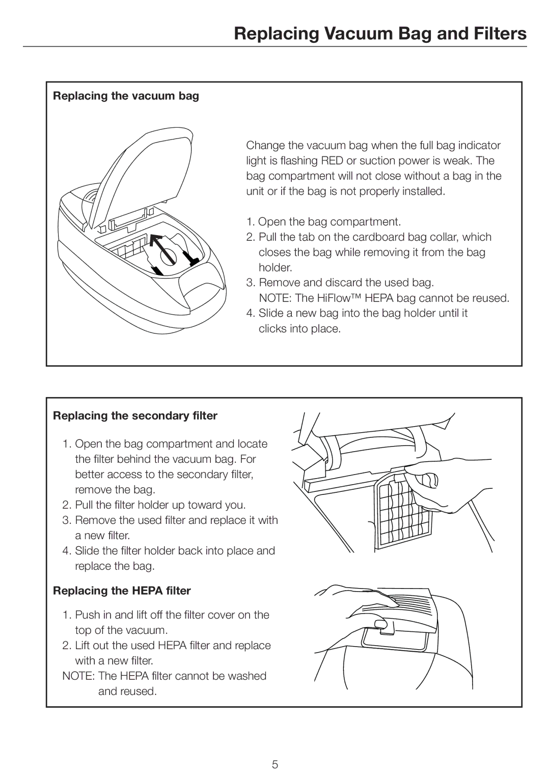 Simplicity owner manual Replacing Vacuum Bag and Filters, Replacing the vacuum bag, Replacing the secondary filter 