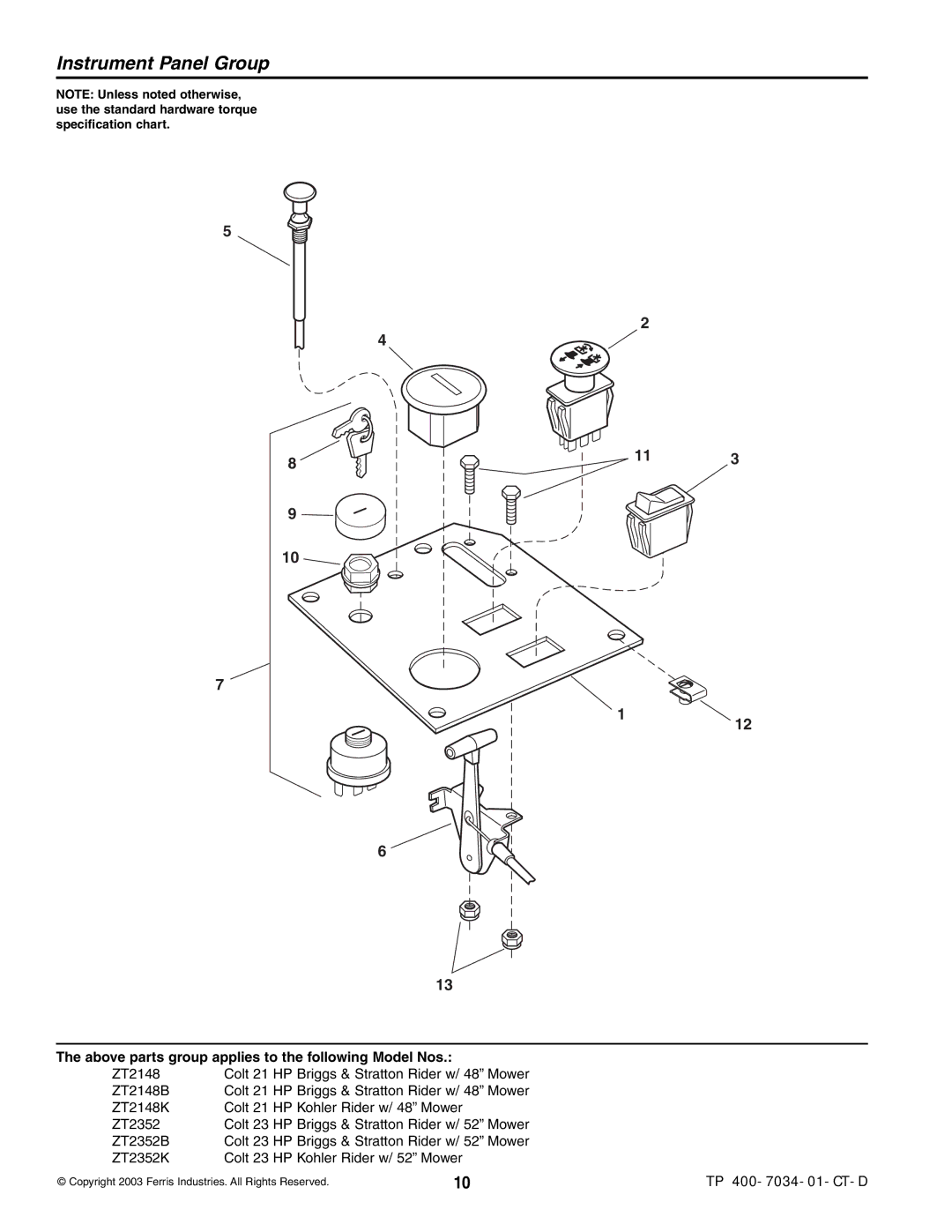 Simplicity ZT2148K, ZT2148B, ZT2352B, ZT2352K specifications Instrument Panel Group 