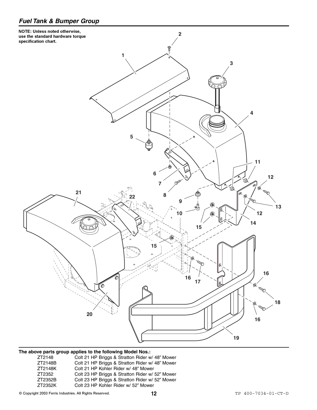 Simplicity ZT2148B, ZT2352B, ZT2352K, ZT2148K specifications Fuel Tank & Bumper Group 