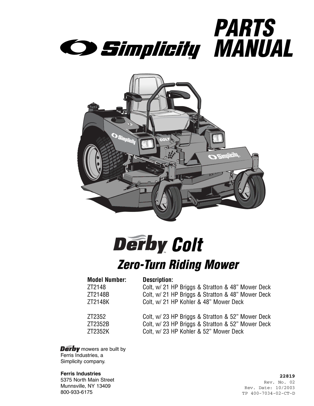 Simplicity ZT2352K, ZT2148B, ZT2352B, ZT2148K specifications Parts Manual, Ferris Industries 