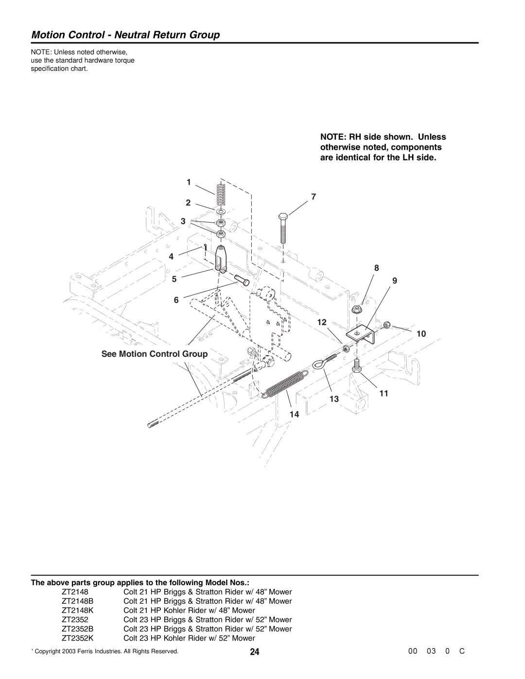 Simplicity ZT2148B, ZT2352B, ZT2352K, ZT2148K specifications Motion Control Neutral Return Group, See Motion Control Group 