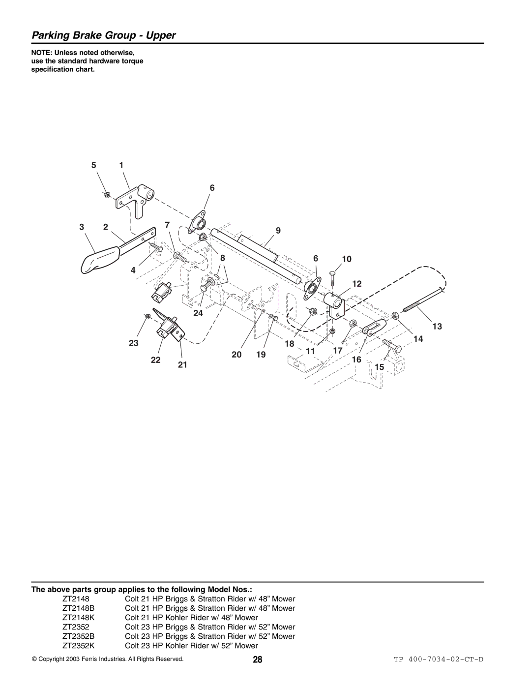 Simplicity ZT2148K, ZT2148B, ZT2352B, ZT2352K specifications Parking Brake Group Upper 