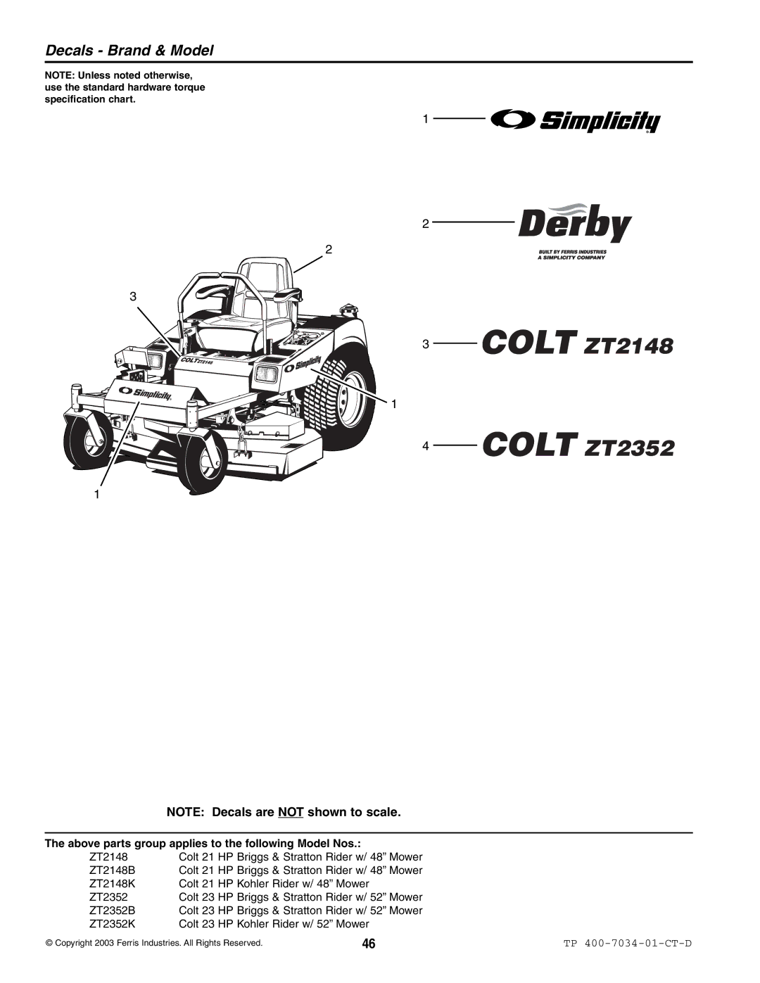 Simplicity ZT2148K, ZT2148B, ZT2352B, ZT2352K specifications Decals Brand & Model 