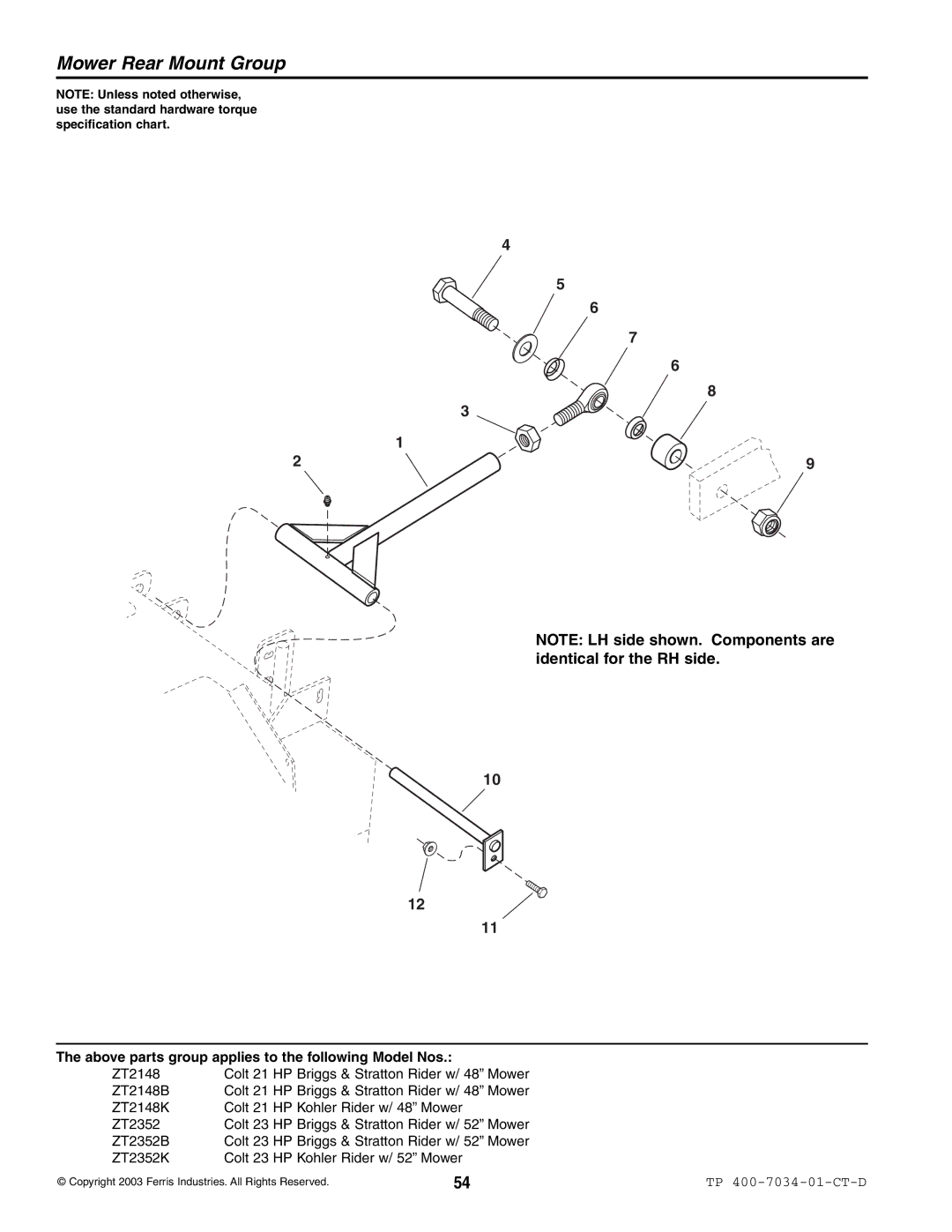 Simplicity ZT2148B, ZT2352B, ZT2352K, ZT2148K specifications Mower Rear Mount Group 