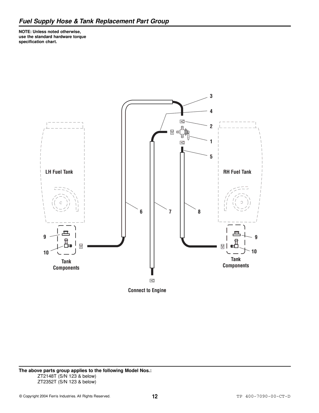 Simplicity ZT2348T Fuel Supply Hose & Tank Replacement Part Group, LH Fuel Tank Components Connect to Engine RH Fuel Tank 