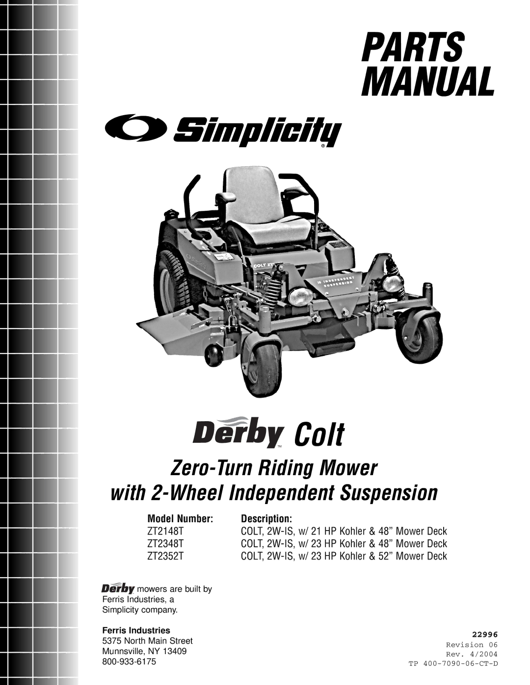 Simplicity ZT2348T, ZT2148T, ZT2352T specifications Parts Manual, Ferris Industries 