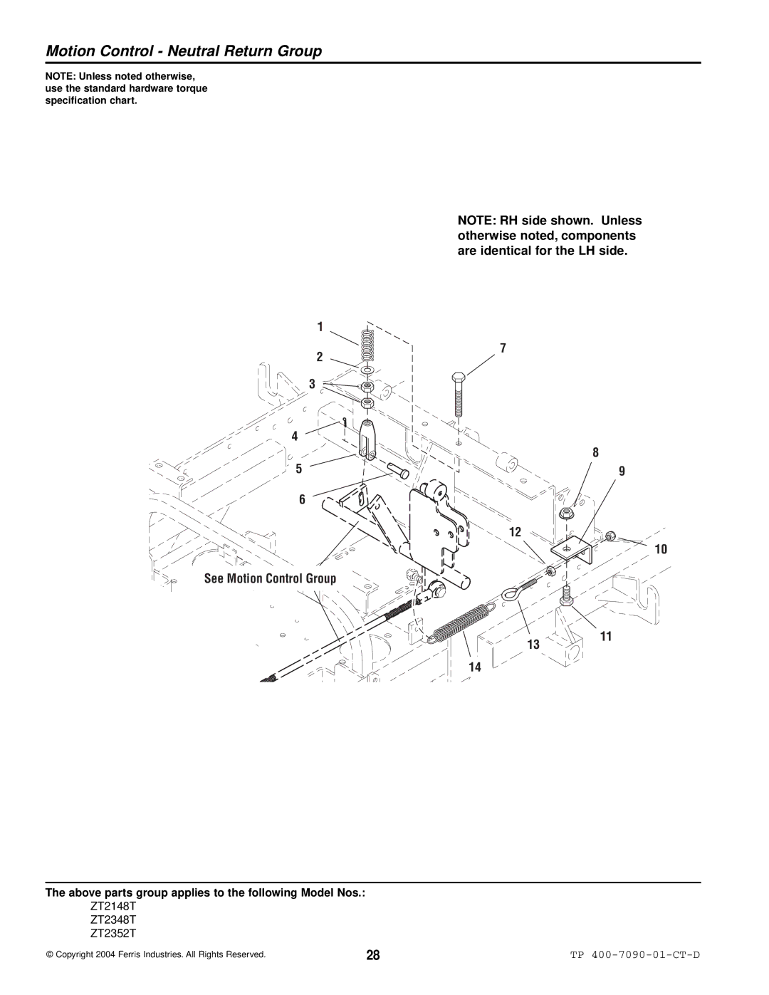 Simplicity ZT2148T, ZT2348T, ZT2352T specifications Motion Control Neutral Return Group, See Motion Control Group 