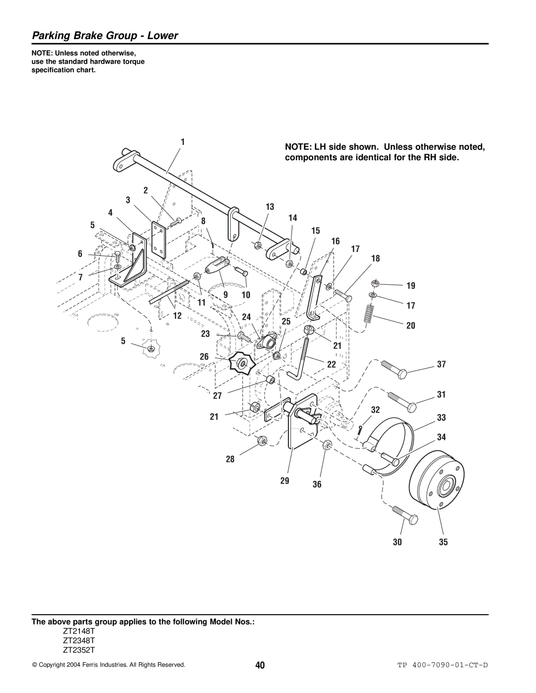 Simplicity ZT2148T, ZT2348T, ZT2352T specifications Parking Brake Group Lower, Components are identical for the RH side 