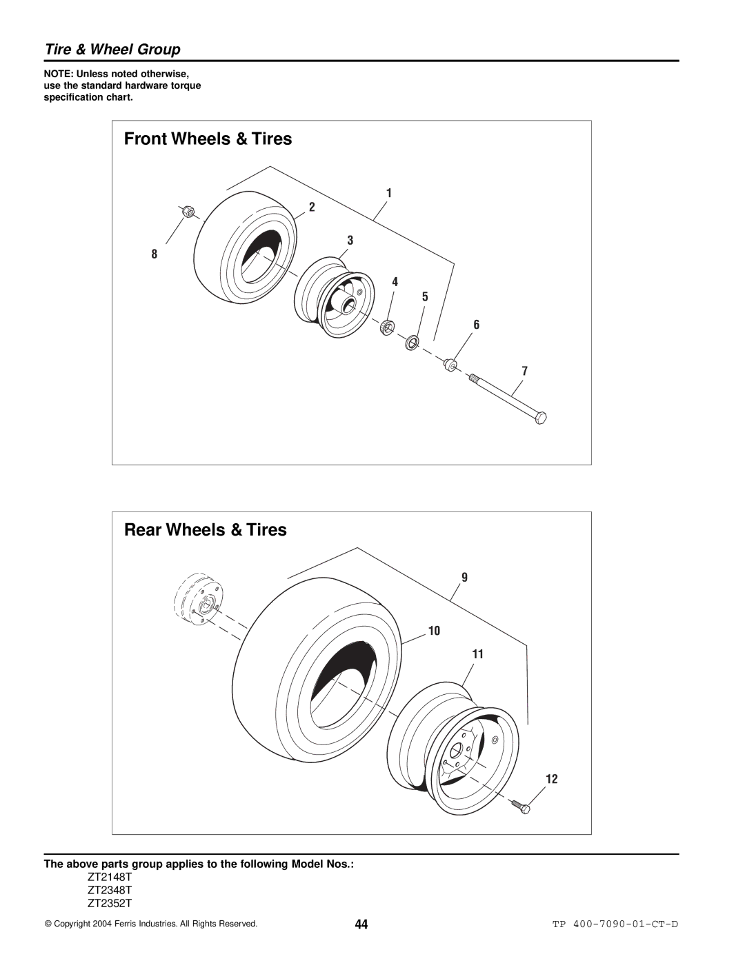 Simplicity ZT2352T, ZT2348T, ZT2148T specifications Front Wheels & Tires Rear Wheels & Tires, Tire & Wheel Group 