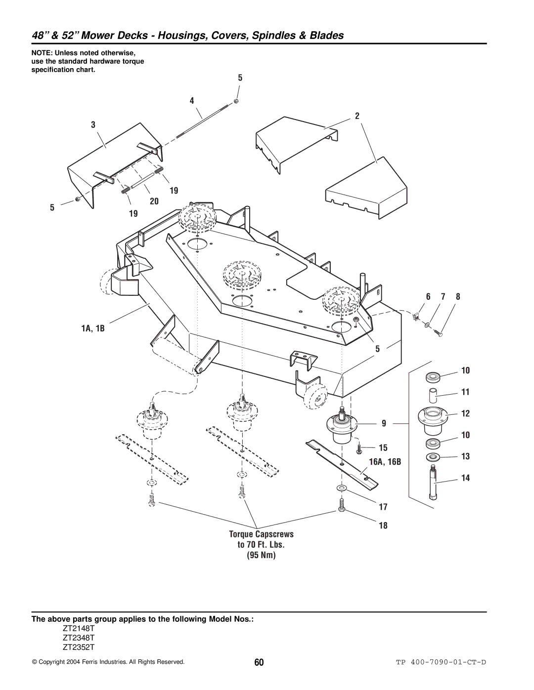 Simplicity ZT2348T 48 & 52 Mower Decks Housings, Covers, Spindles & Blades, 1A, 1B, Torque Capscrews To 70 Ft. Lbs 95 Nm 