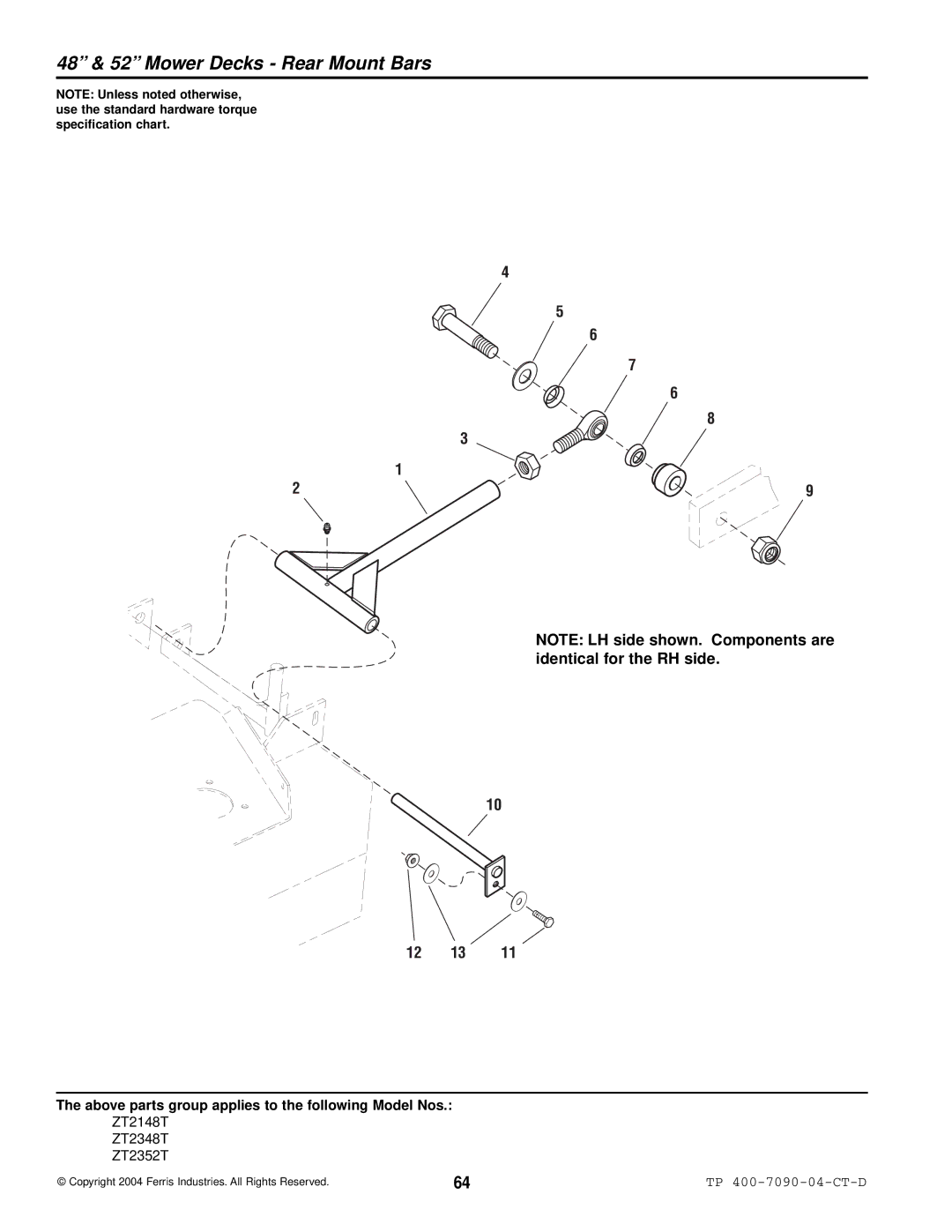 Simplicity ZT2148T, ZT2348T, ZT2352T specifications 48 & 52 Mower Decks Rear Mount Bars, 12 13 