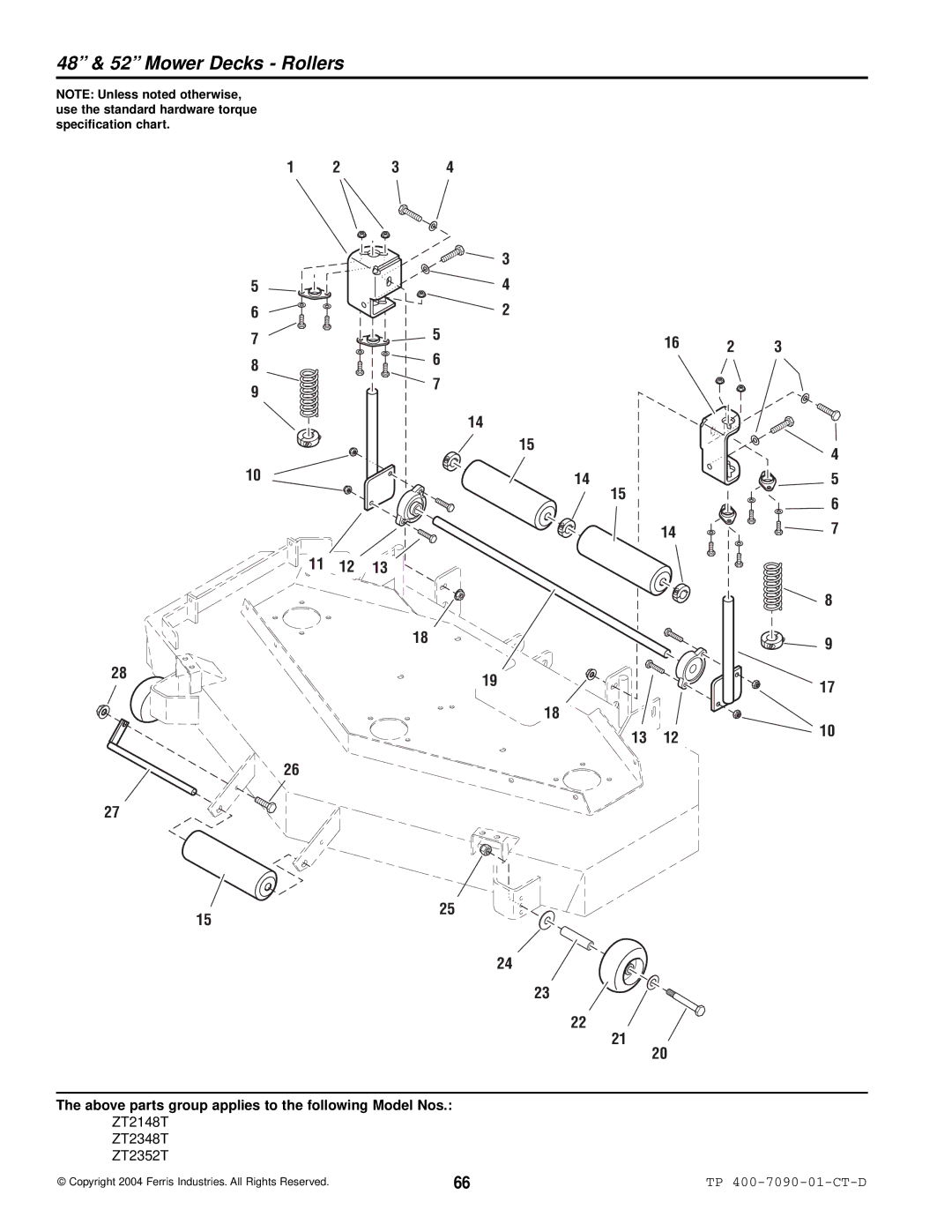 Simplicity ZT2348T, ZT2148T, ZT2352T specifications 48 & 52 Mower Decks Rollers 