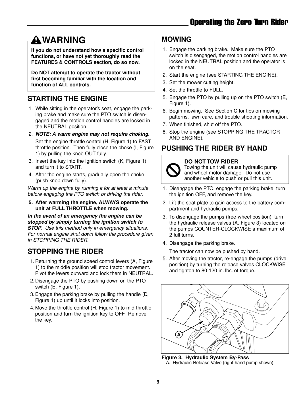 Simplicity ZT2561 manual Operating the Zero Turn Rider, Starting the Engine, Stopping the Rider, Mowing 