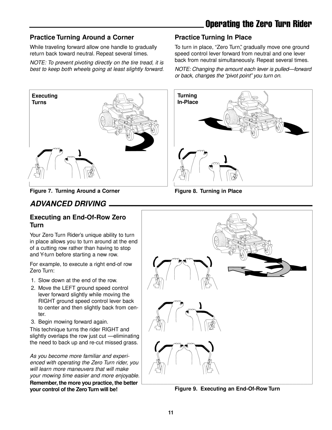 Simplicity ZT2561 manual Practice Turning Around a Corner, Practice Turning In Place, Executing an End-Of-Row Zero Turn 