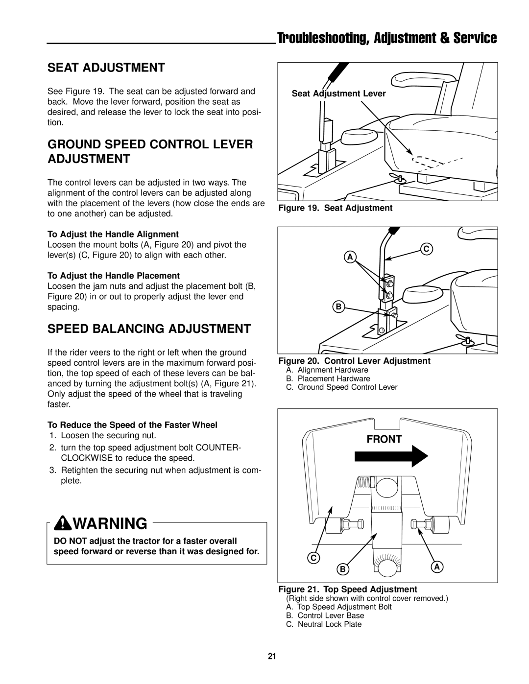 Simplicity ZT2561 manual Seat Adjustment, Ground Speed Control Lever Adjustment, Speed Balancing Adjustment 