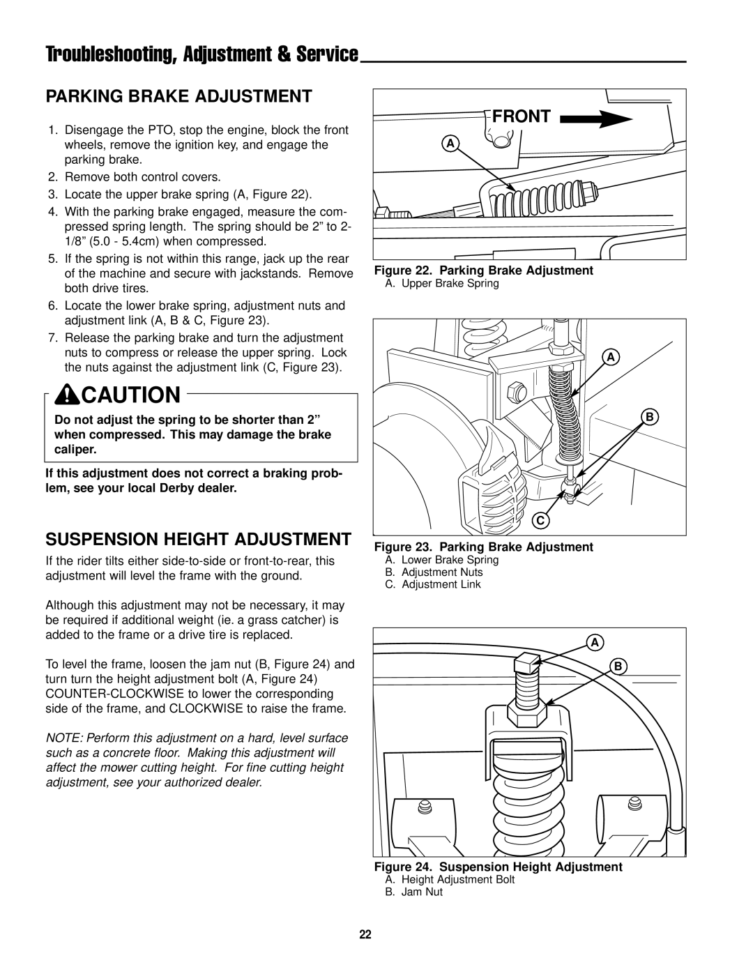 Simplicity ZT2561 manual Parking Brake Adjustment, Suspension Height Adjustment 