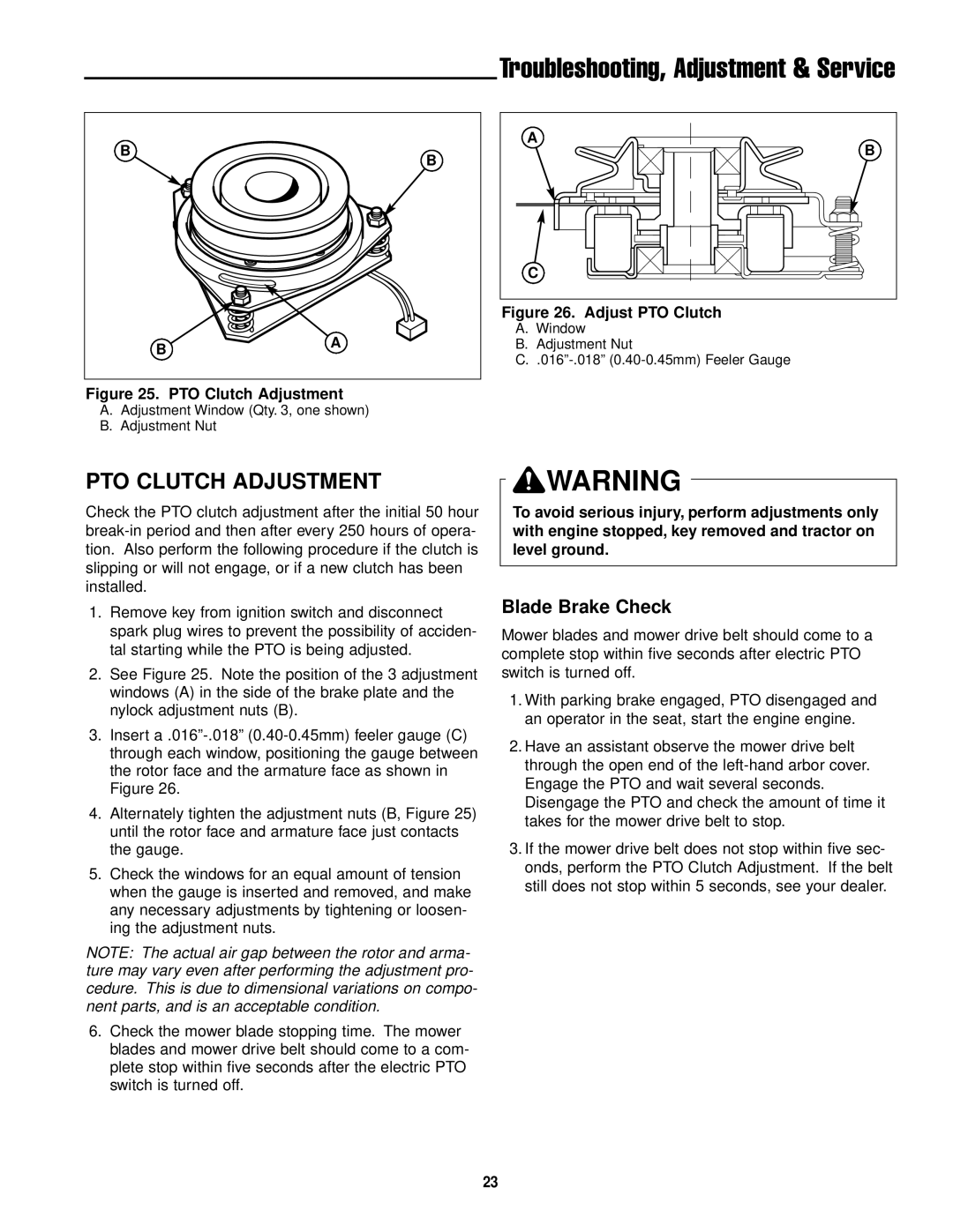 Simplicity ZT2561 manual PTO Clutch Adjustment, Blade Brake Check 