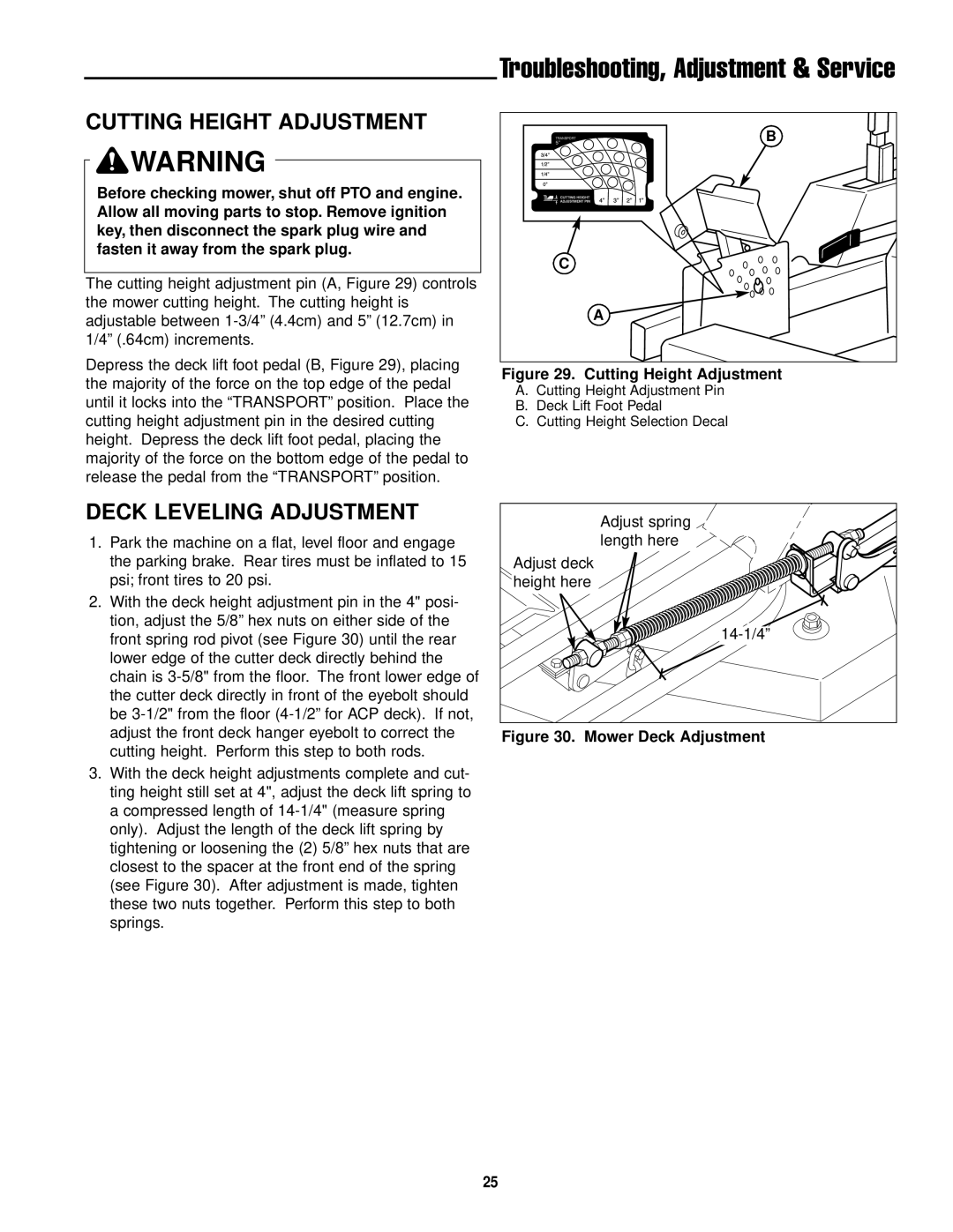 Simplicity ZT2561 manual Cutting Height Adjustment, Deck Leveling Adjustment 