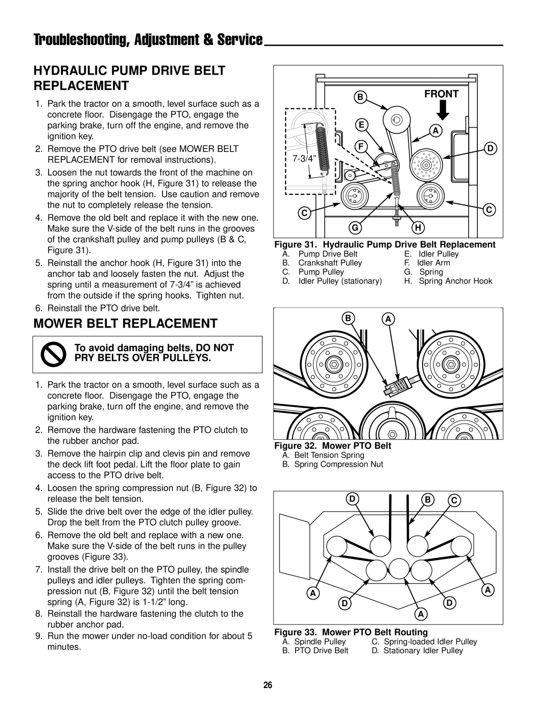 Simplicity ZT2561 manual Hydraulic Pump Drive Belt Replacement, Mower Belt Replacement 