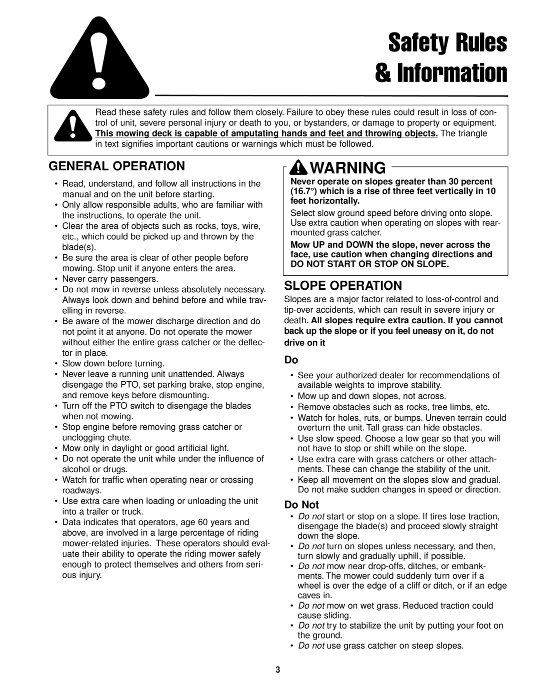 Simplicity ZT2561 manual Safety Rules Information, General Operation, Slope Operation, Do Not, Drive on it 