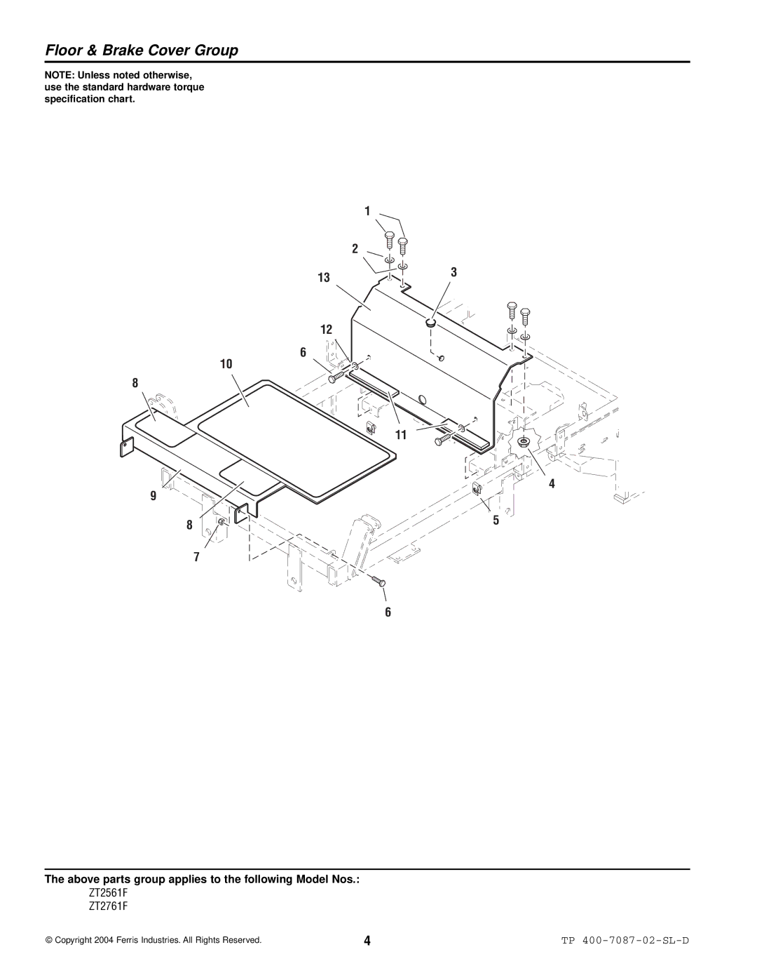 Simplicity ZT2561F, ZT2761F specifications Floor & Brake Cover Group 