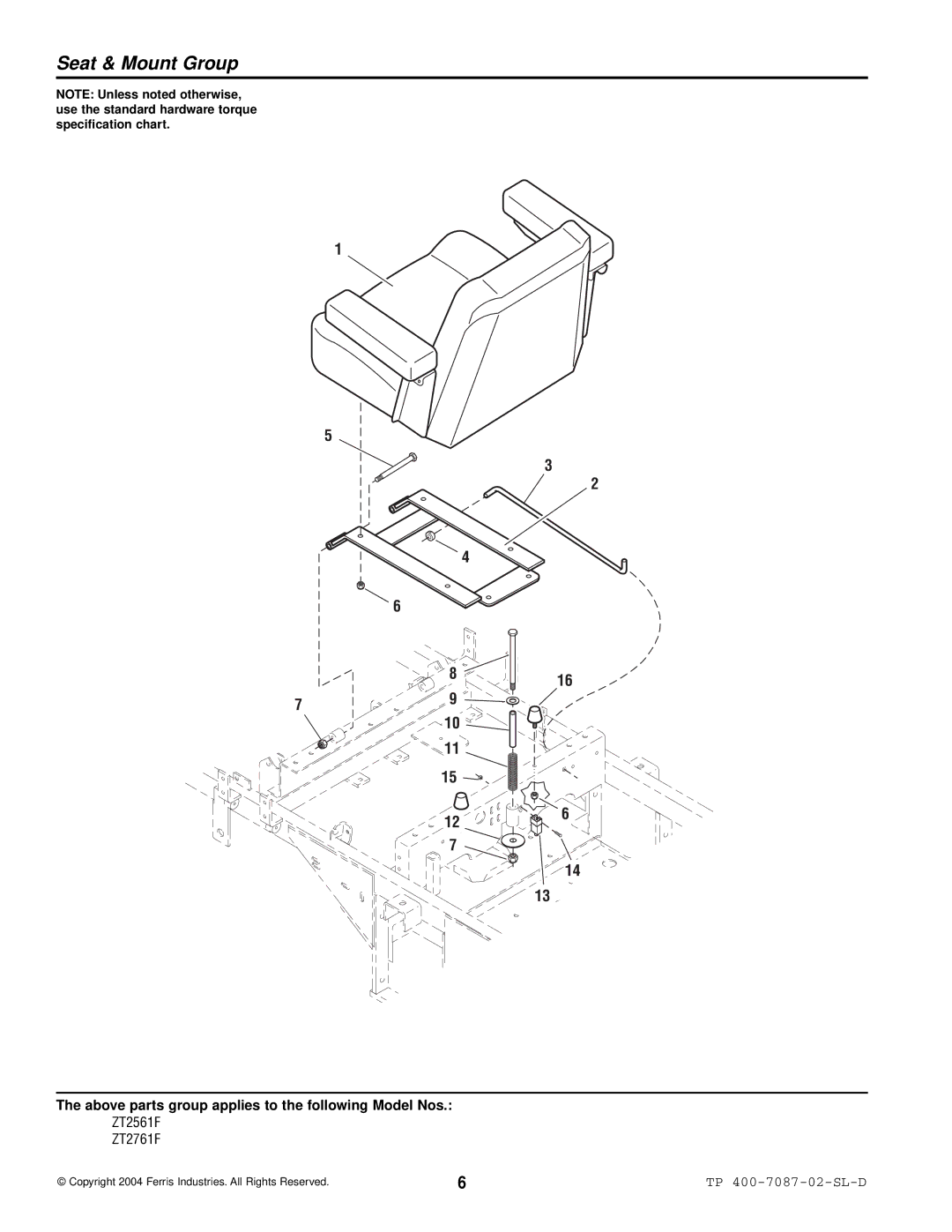 Simplicity ZT2561F, ZT2761F specifications Seat & Mount Group 