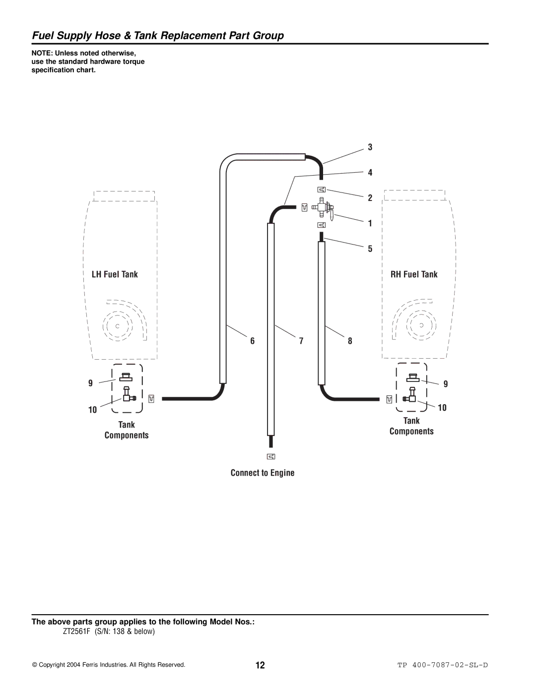 Simplicity ZT2561F Fuel Supply Hose & Tank Replacement Part Group, LH Fuel Tank Components Connect to Engine RH Fuel Tank 