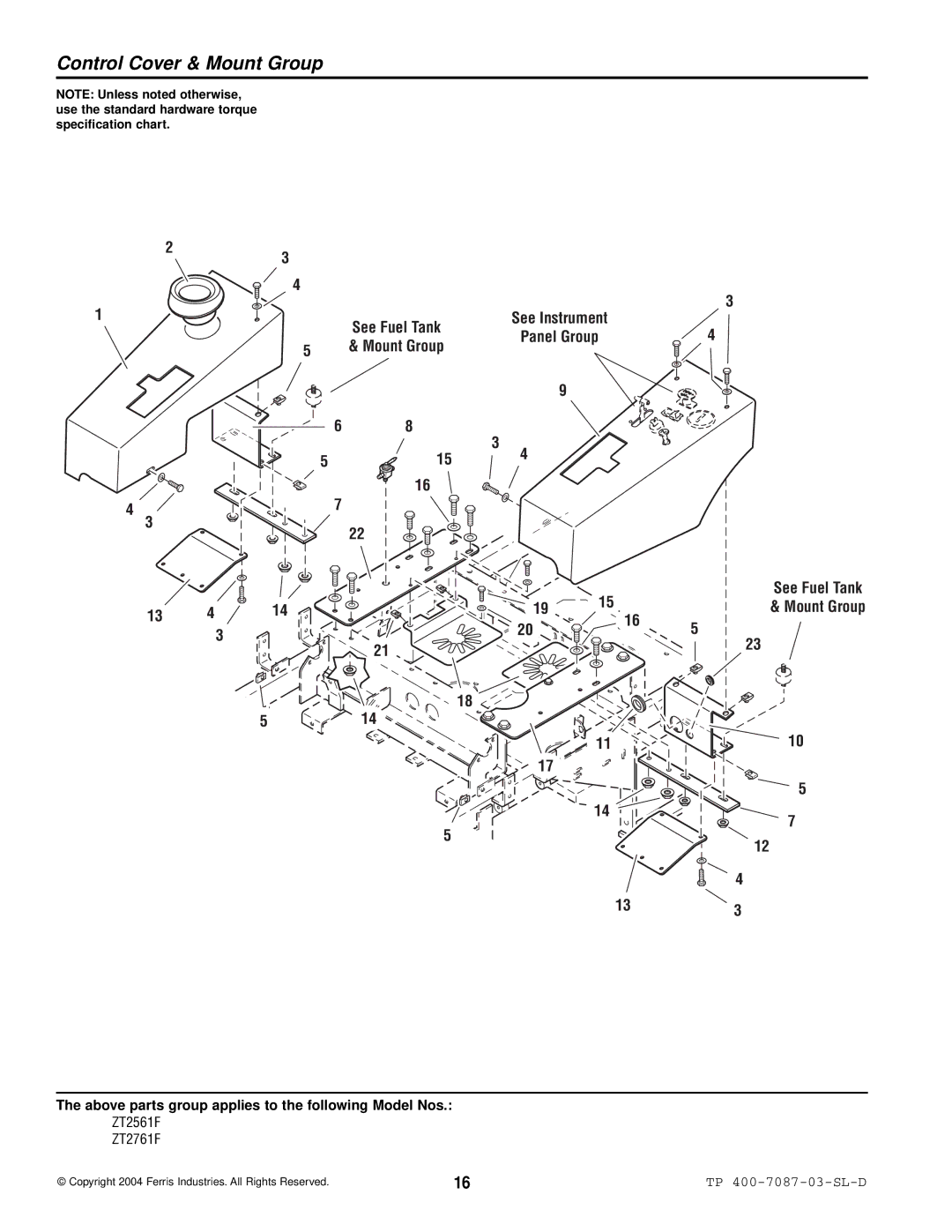 Simplicity ZT2561F, ZT2761F specifications Control Cover & Mount Group, See Fuel Tank Mount Group 