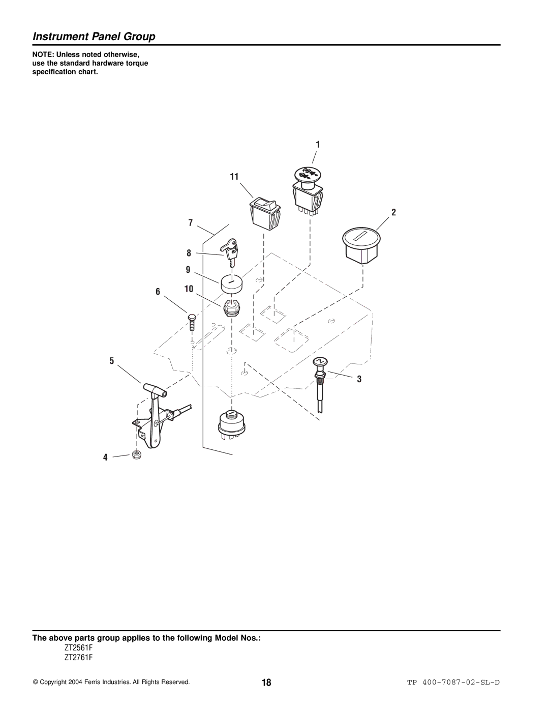 Simplicity ZT2561F, ZT2761F specifications Instrument Panel Group 