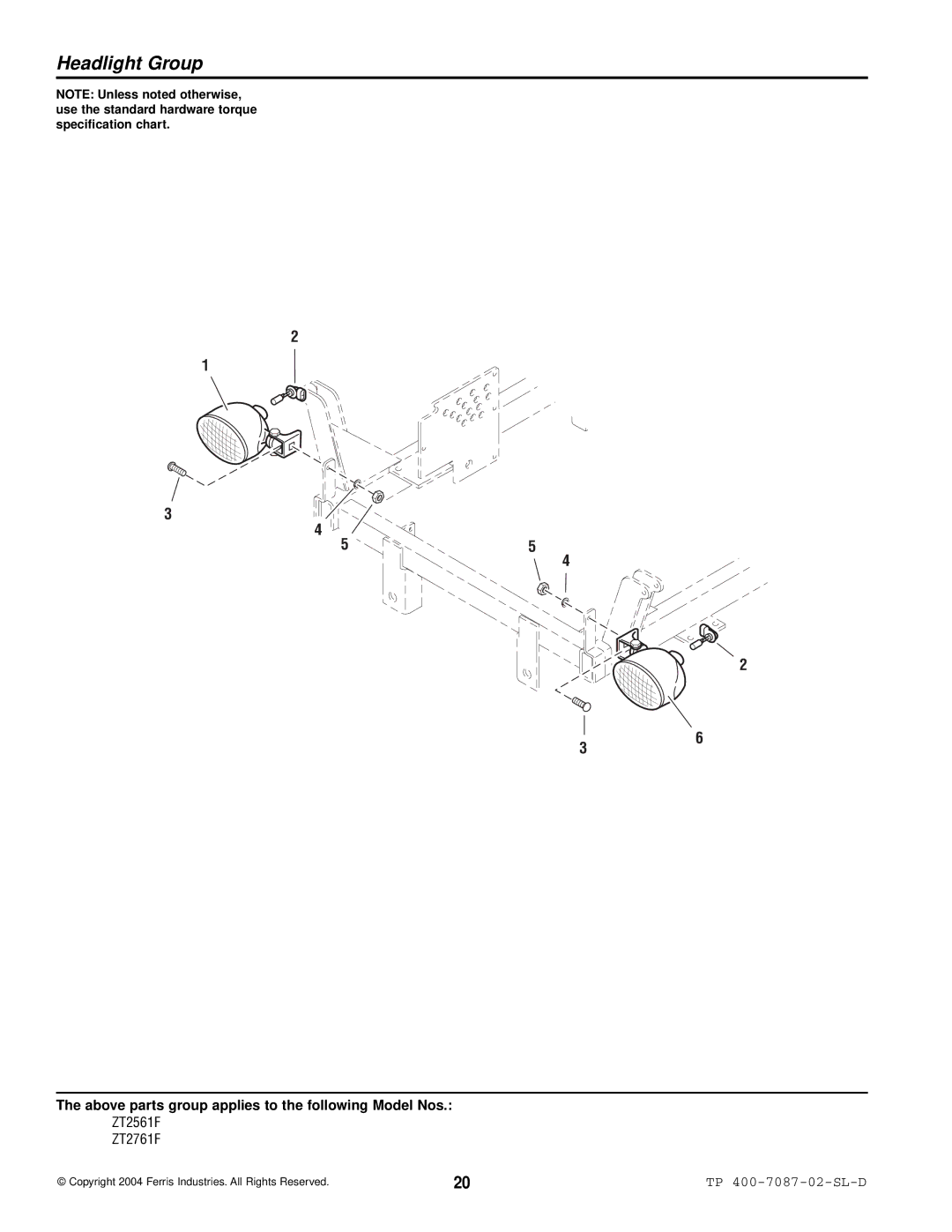 Simplicity ZT2561F, ZT2761F specifications Headlight Group 