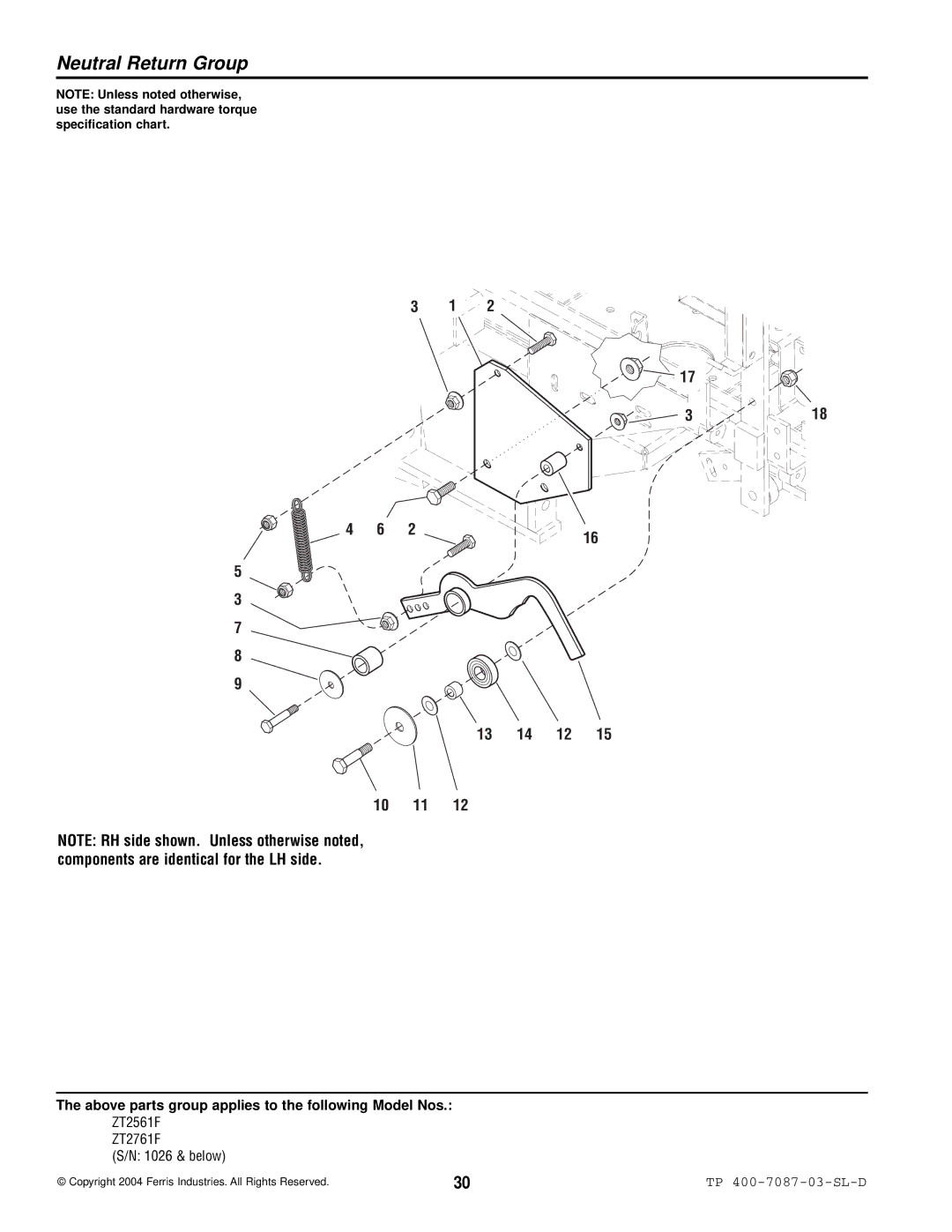 Simplicity ZT2561F, ZT2761F specifications Neutral Return Group, 318 13 14 12 10 11 