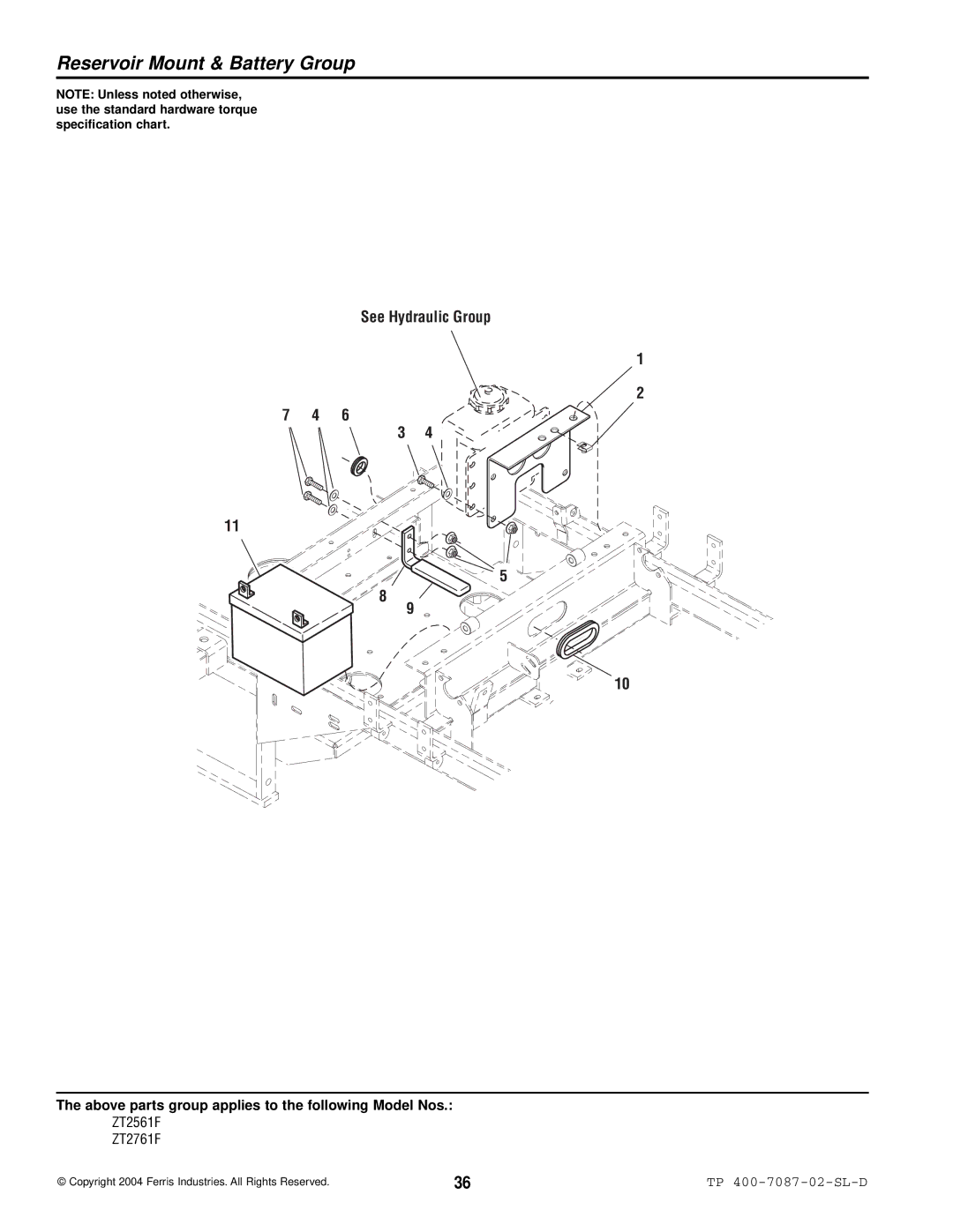 Simplicity ZT2561F, ZT2761F specifications Reservoir Mount & Battery Group, See Hydraulic Group 