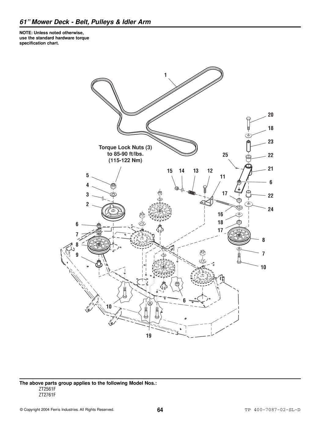 Simplicity ZT2561F, ZT2761F Mower Deck Belt, Pulleys & Idler Arm, Torque Lock Nuts To 85-90 ft/lbs.25 115-122 Nm 