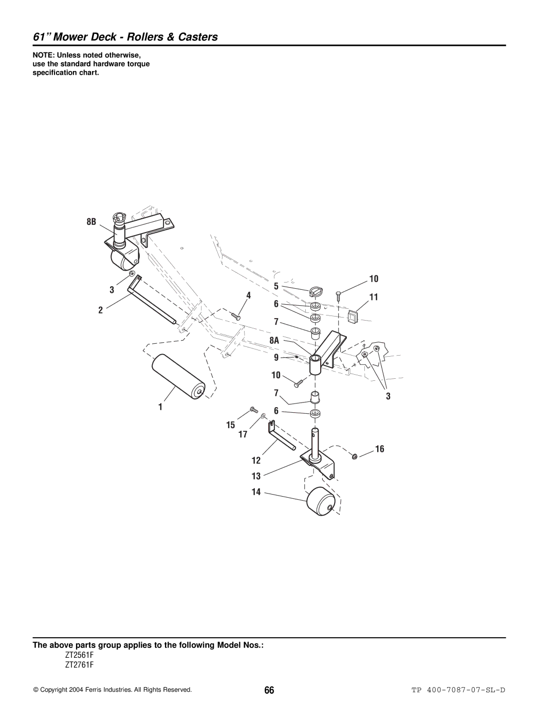 Simplicity ZT2561F, ZT2761F specifications Mower Deck Rollers & Casters 