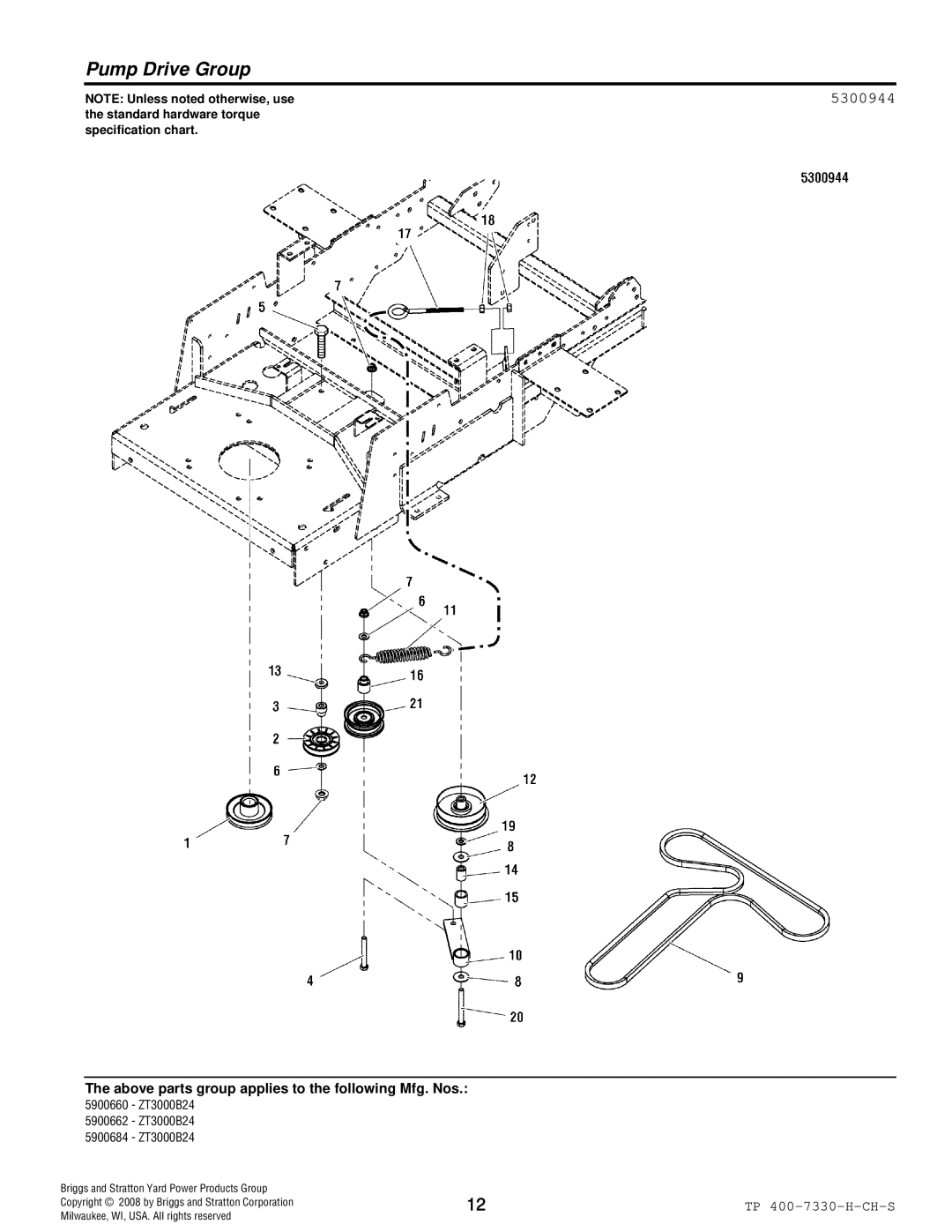 Simplicity ZT3000 manual Pump Drive Group, 5300944 