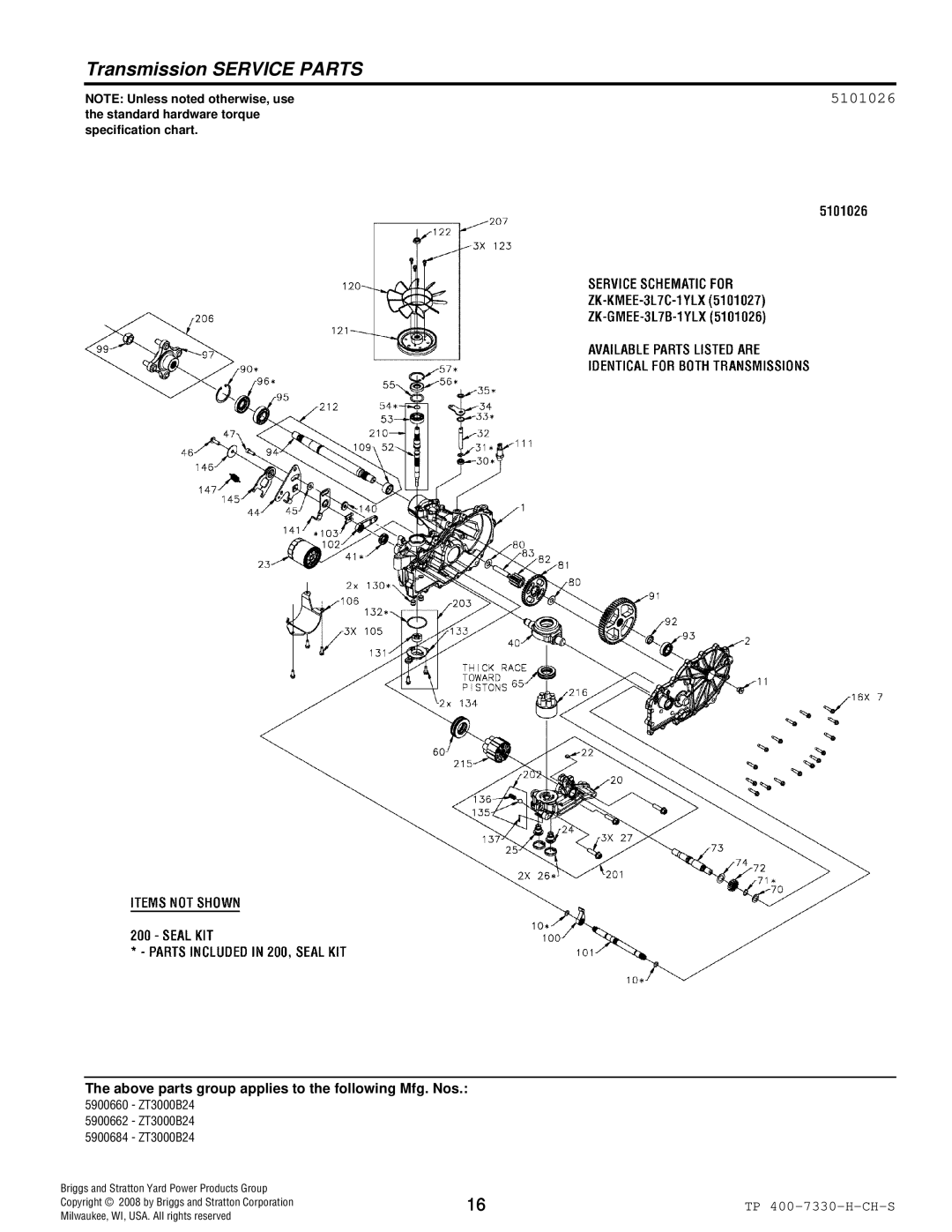 Simplicity ZT3000 manual Transmission Service Parts, 5101026 