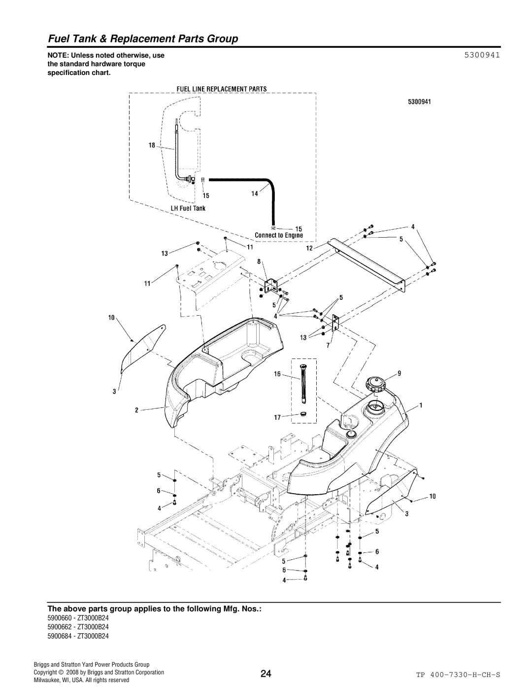 Simplicity ZT3000 manual Fuel Tank & Replacement Parts Group, 5300941 