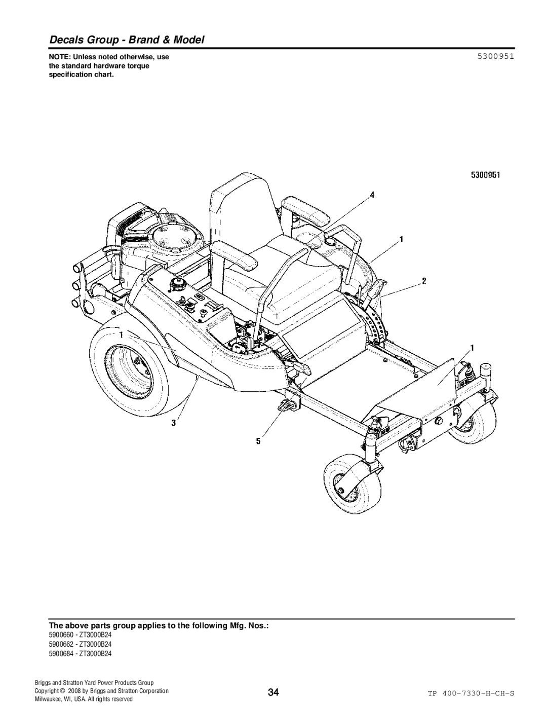 Simplicity ZT3000 manual Decals Group Brand & Model, 5300951 