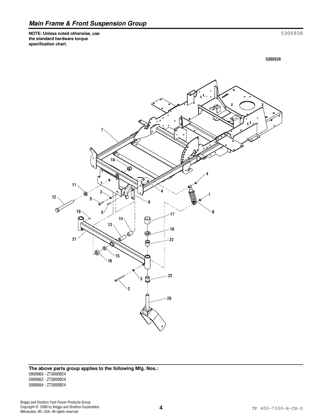 Simplicity ZT3000 manual Main Frame & Front Suspension Group, 5300938 