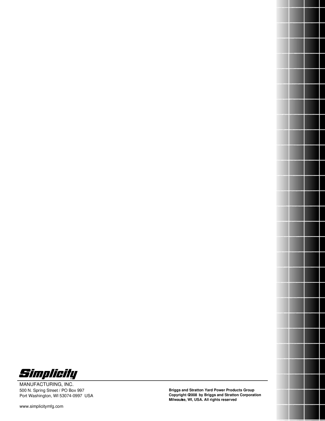 Simplicity ZT3000 manual Manufacturing, Inc 