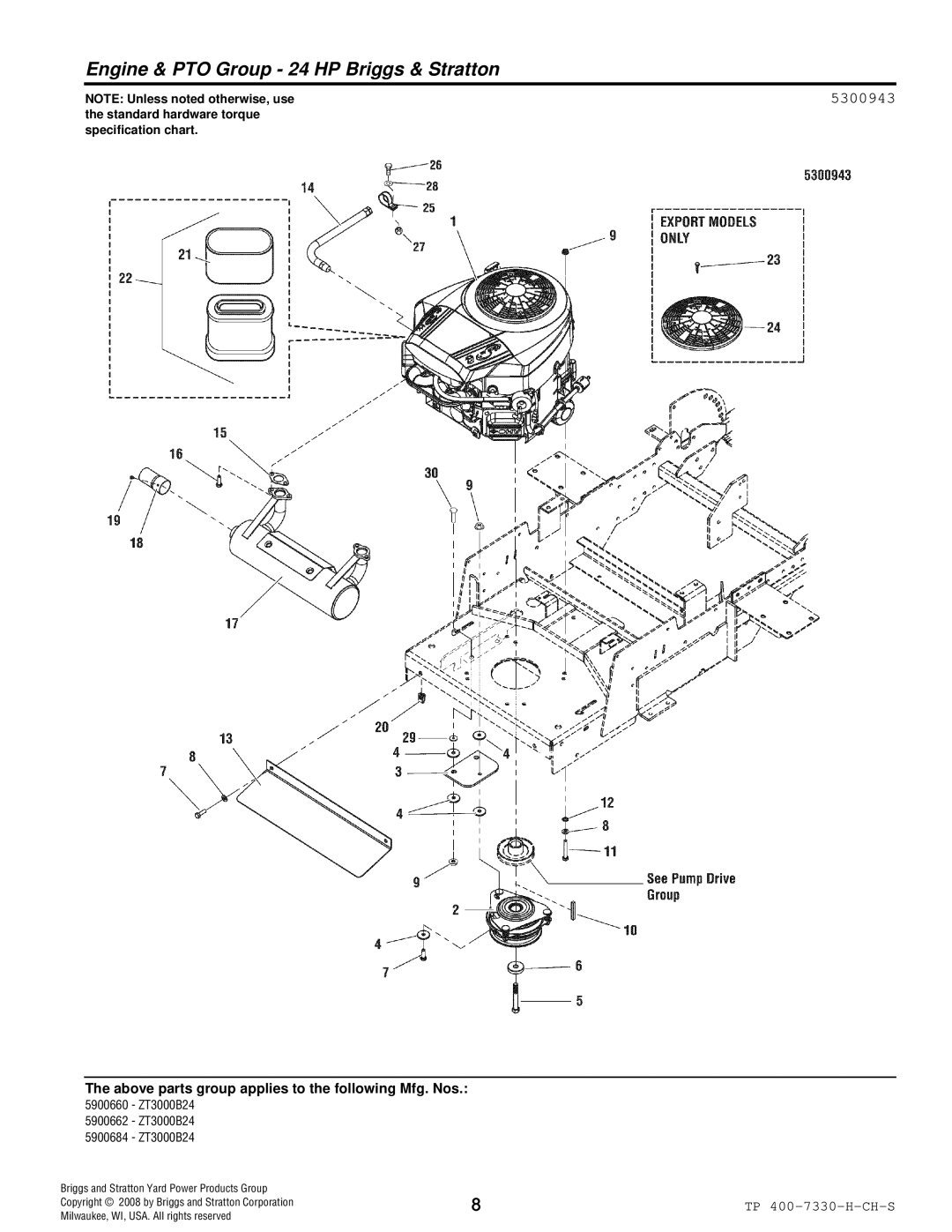 Simplicity ZT3000 manual Engine & PTO Group 24 HP Briggs & Stratton, 5300943 