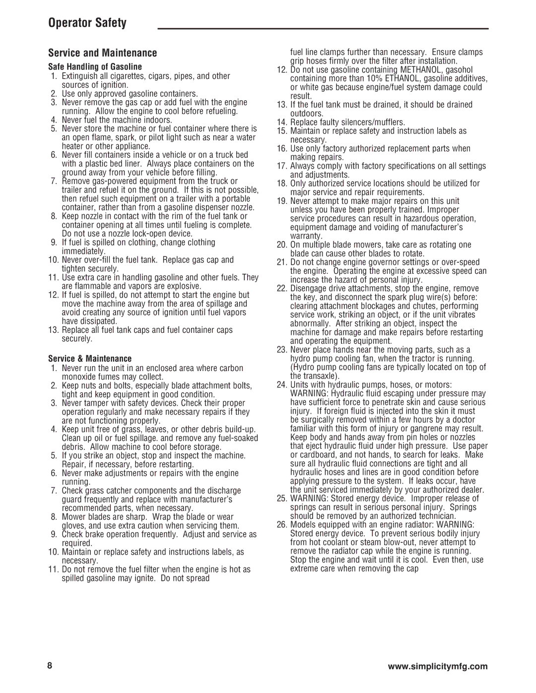Simplicity ZT4000 Series manual Service and Maintenance, Safe Handling of Gasoline, Service & Maintenance 