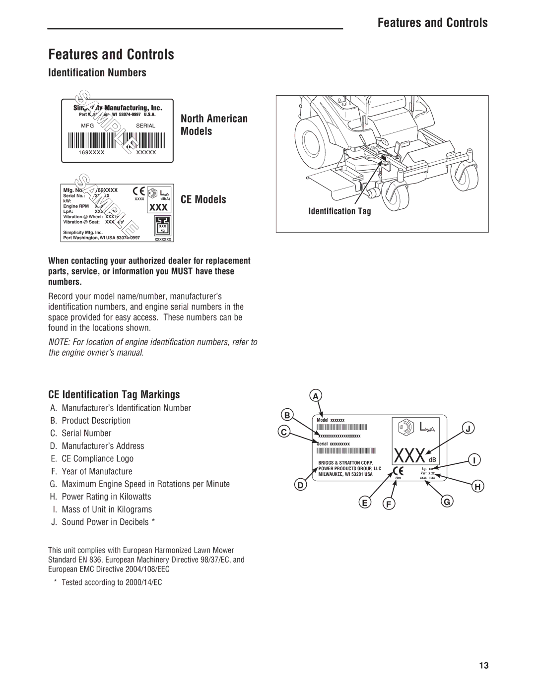 Simplicity ZT4000 Series manual Identification Numbers, CE Models, CE Identification Tag Markings 