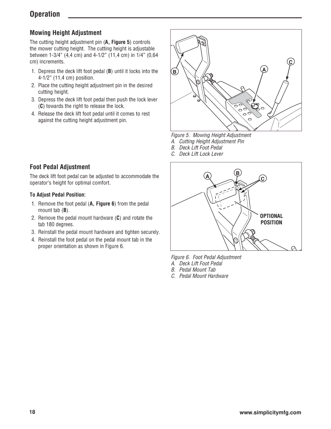 Simplicity ZT4000 Series manual Mowing Height Adjustment, Foot Pedal Adjustment, To Adjust Pedal Position 