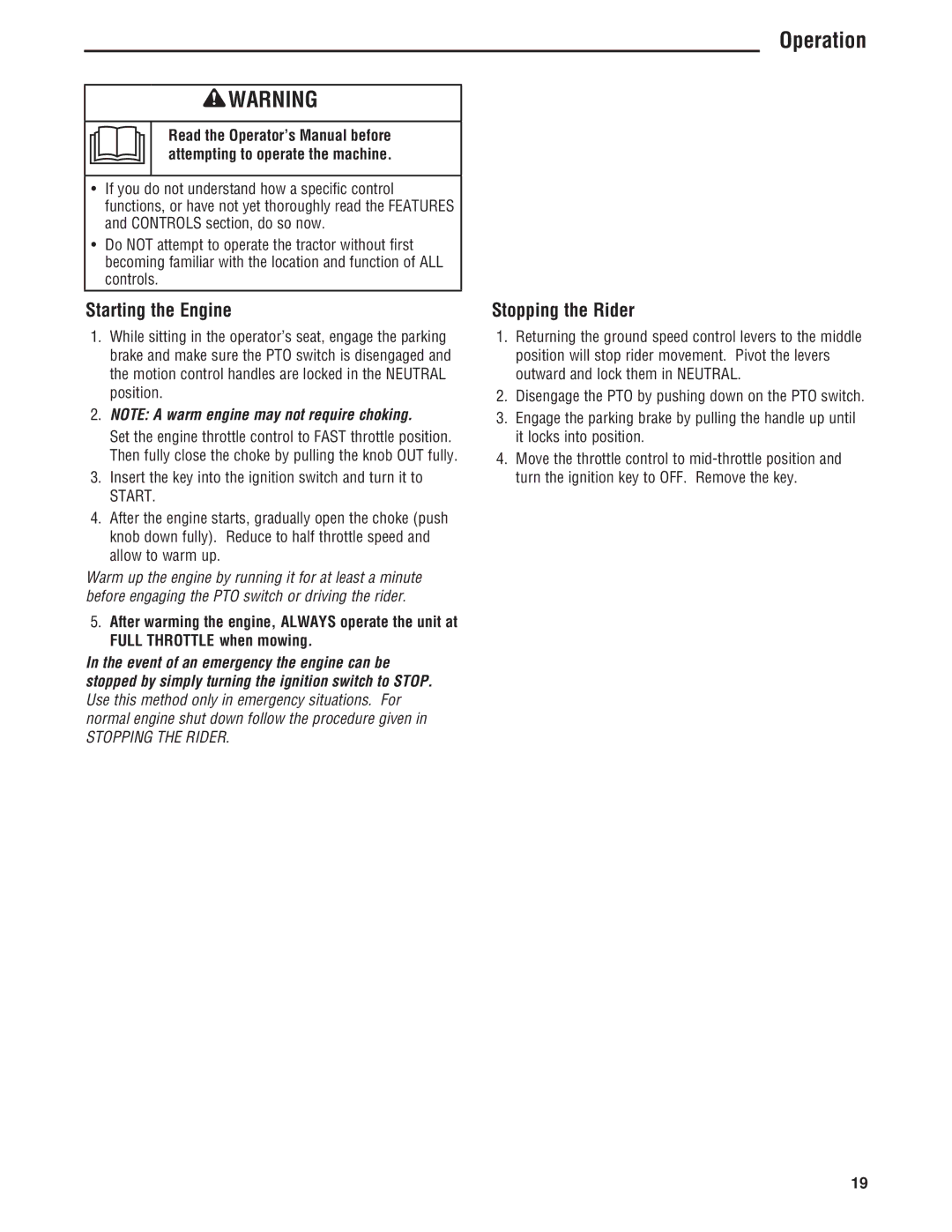 Simplicity ZT4000 Series manual Starting the Engine, Stopping the Rider 